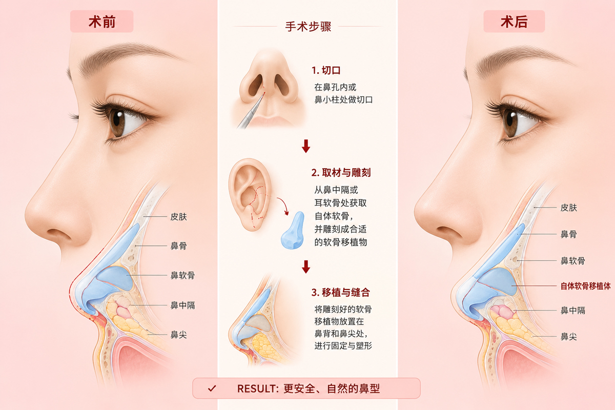 自体软骨隆鼻效果示意